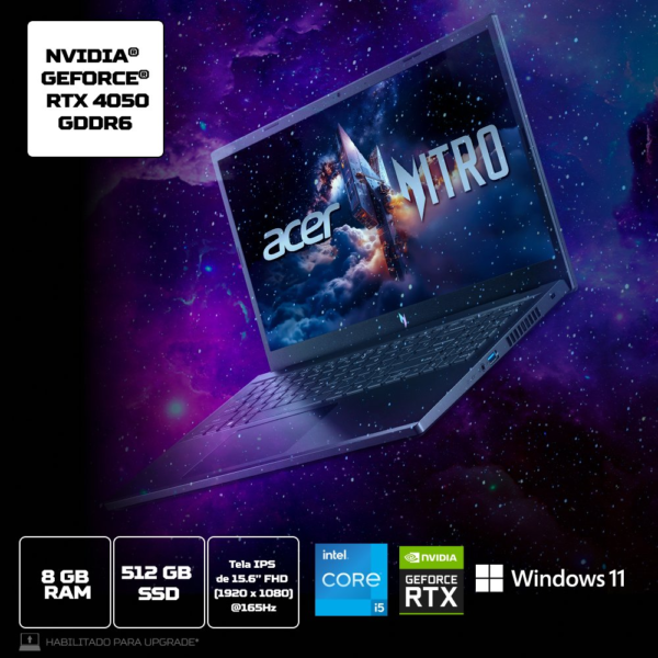 01 NOTEBOOK ACER GAMER NITRO V15 ANV15-52-56PD CORE I5 13420H 8GB DDR5 SSD 512GB 15,6 FHD IPS GEFORCE RTX4050 6GB WINDOWS